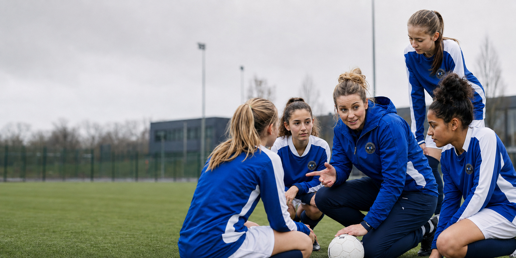 A coach giving supportive technical guidance to a group of young female footballers